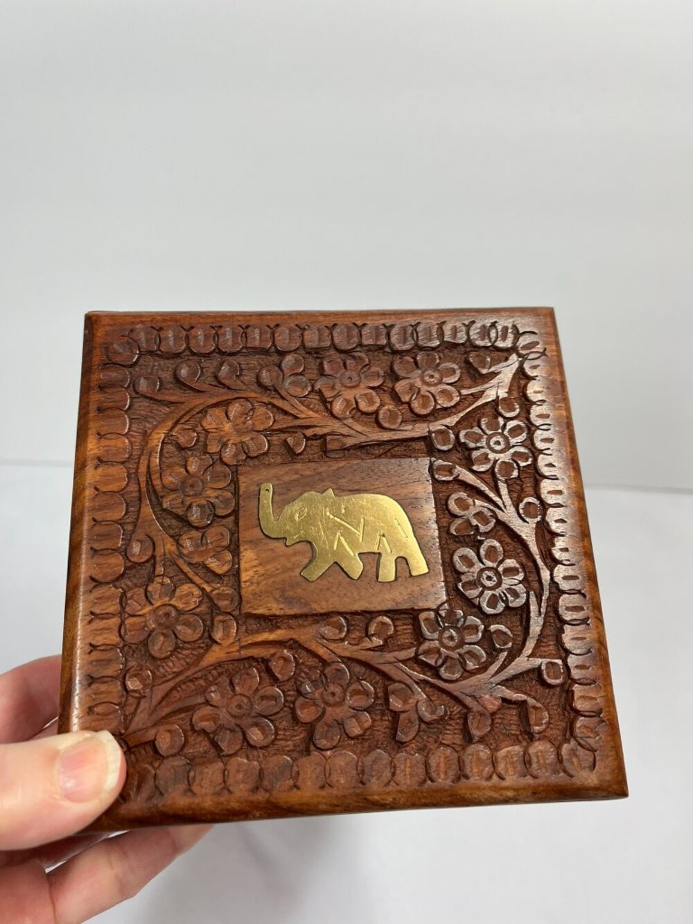 Vintage Carved Wood Box with Brass Elephant Inlay Trinket Container